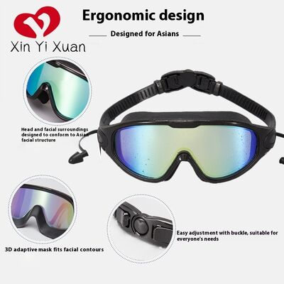 Adult swimming goggles with silicone waterproof and anti-fog integrated earplugs, large frame swimming goggles, cross-border OEM customized swimming goggles for men and women, electroplated.